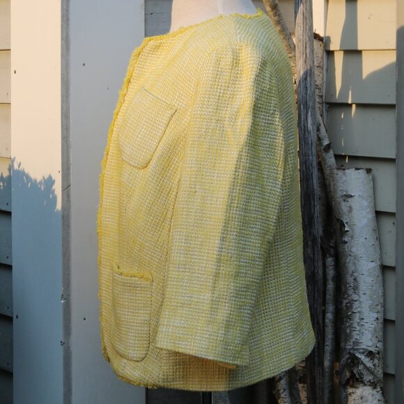 Talbots Plus Size Wide Petite Yellow White Boucle w Fringe Open Jacket Sz 16WP - Picture 5 of 9